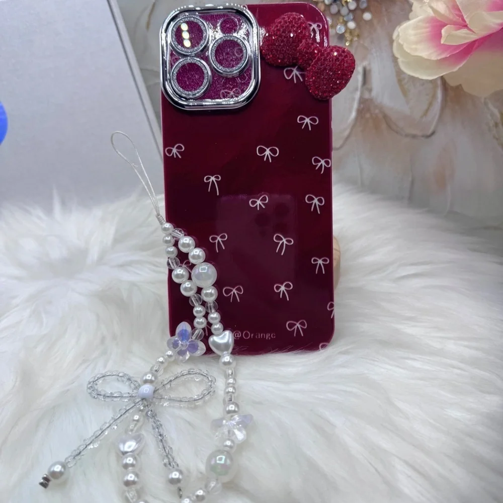Chic iPhone 16 Pro Max  Bow Theme Wine Case w/ bows design & matching bead charm